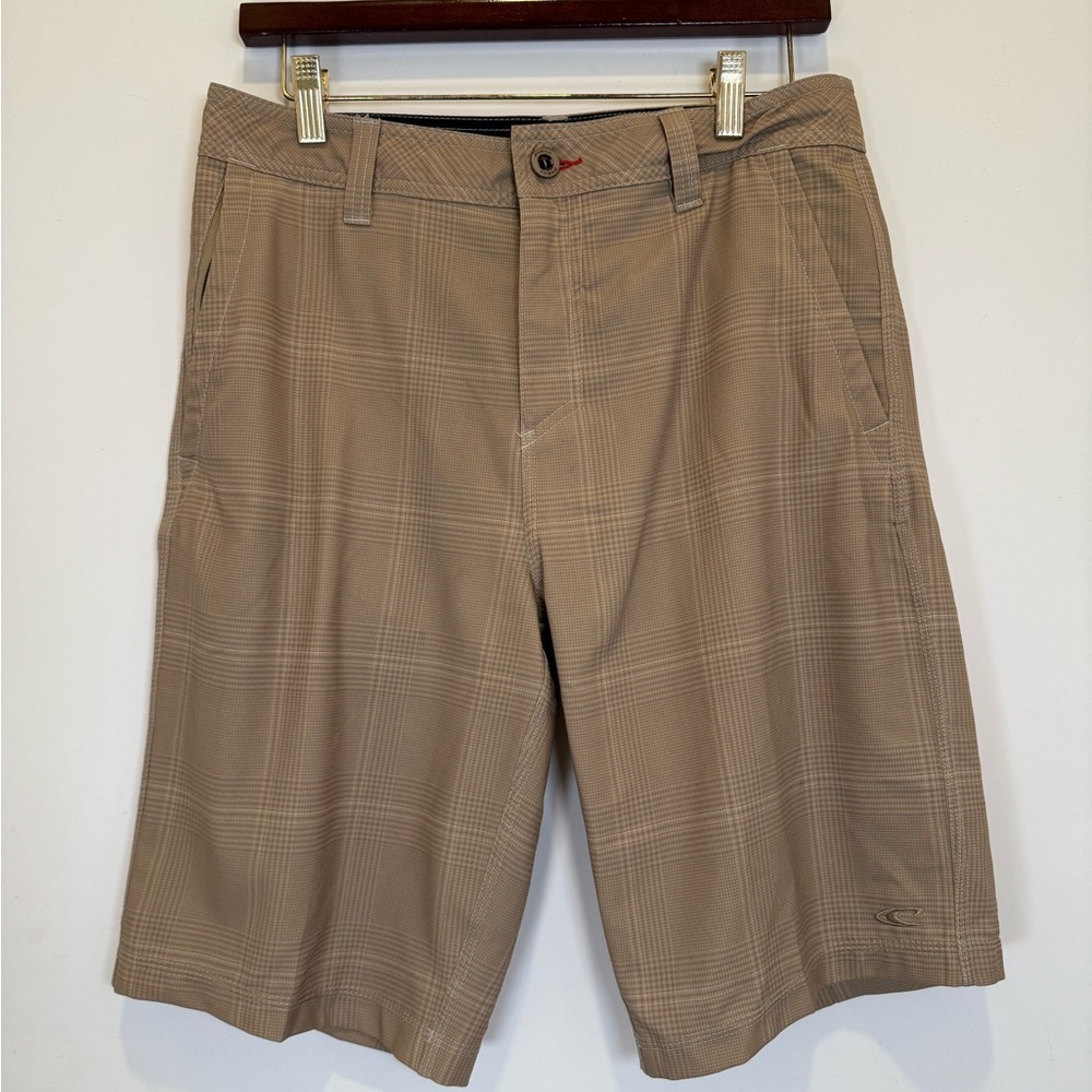 O'Neill Men's Hybrid Beige Plaid Flat Front Shorts